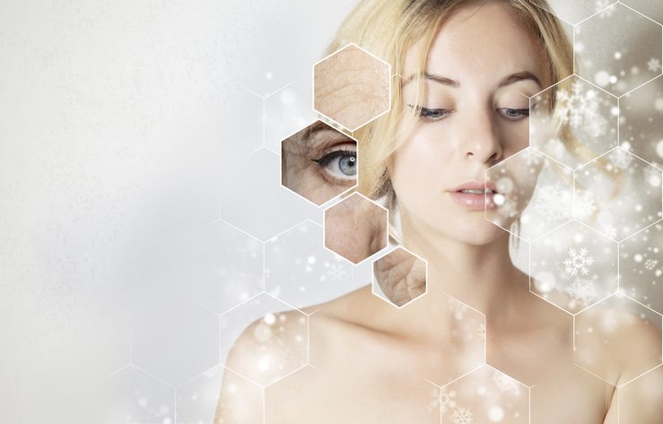 Biological aging concept — comparison of youthful and aged skin with hexagonal overlay