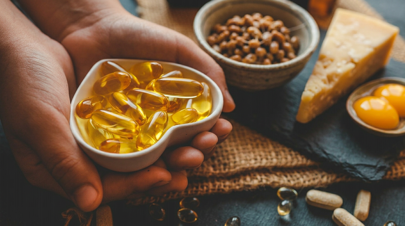 Vitamin K2 softgels in a heart-shaped bowl beside natto, aged cheese and egg yolks